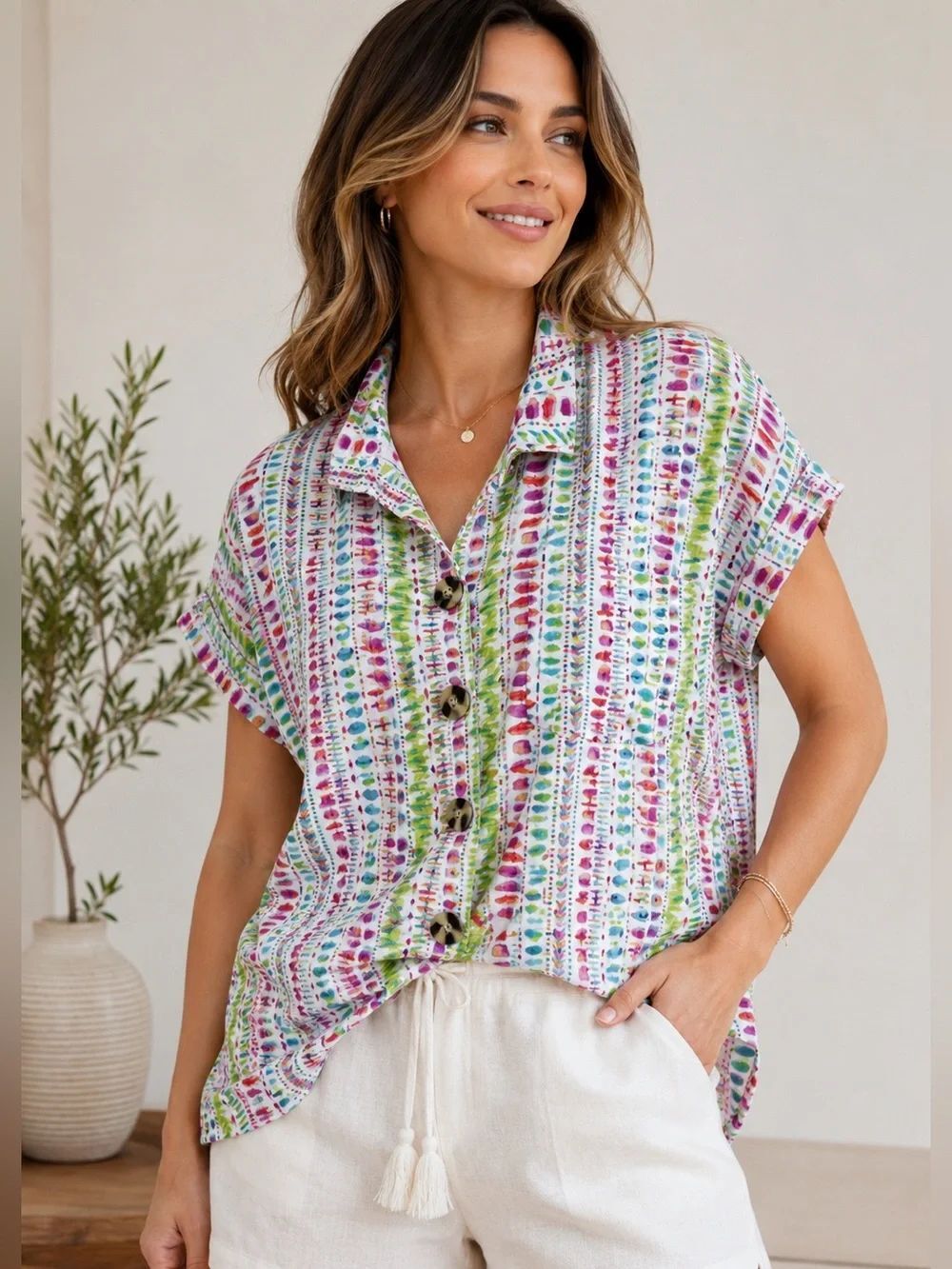 John Mark Abstract Print Button Front Blouse Top Rayon Blend Size M Colorful